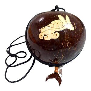 Handcrafted Carved Sea Turtle Coconut Shell Crossbody Purse Tropical Lei Flower